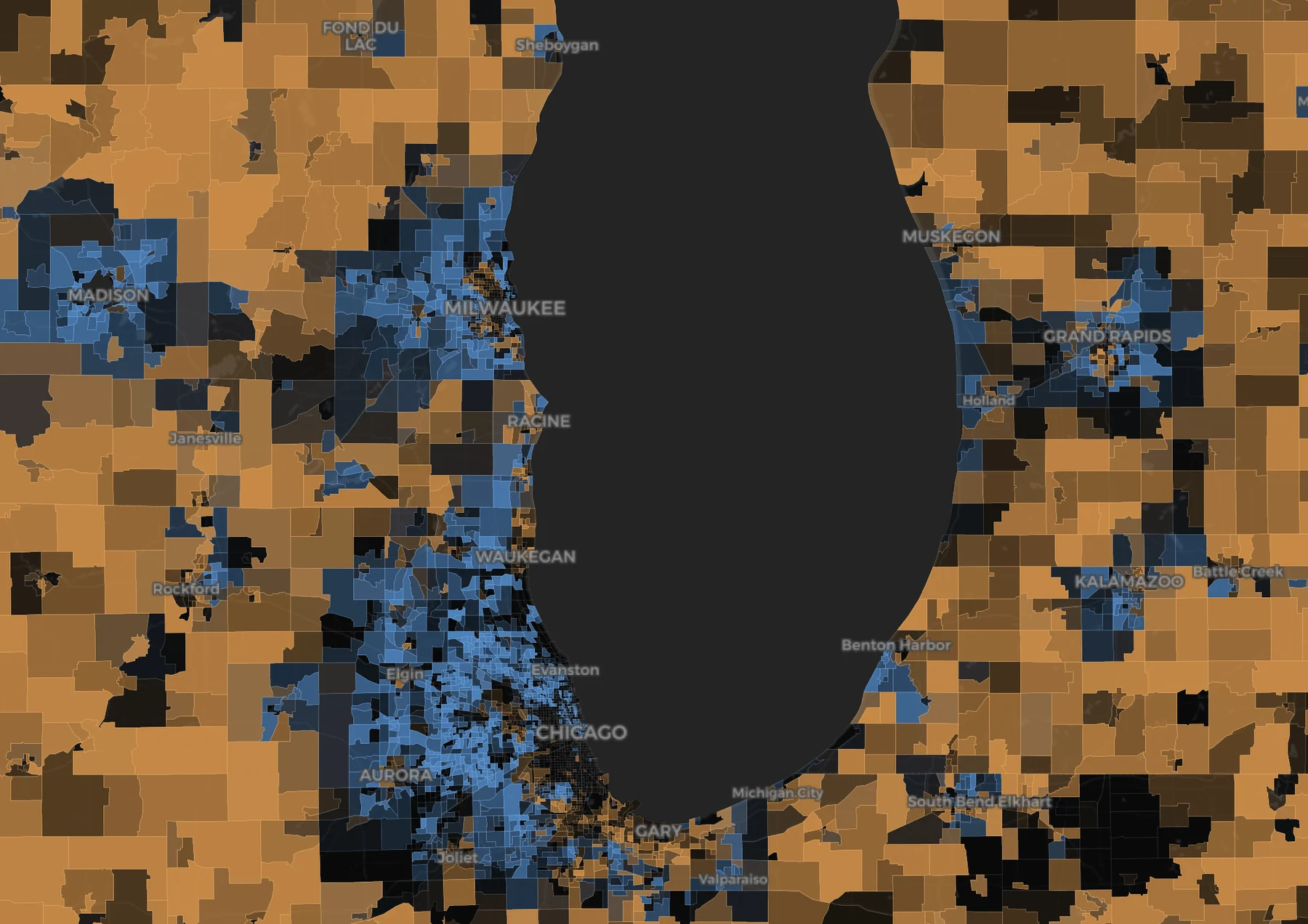 A diverging comparison map of the Chicago region: blue marks neighborhoods that resemble Sweetgreen, concentrated in the metro cores around Chicago and Milwaukee, and orange marks neighborhoods that resemble Tractor Supply across the surrounding countryside.